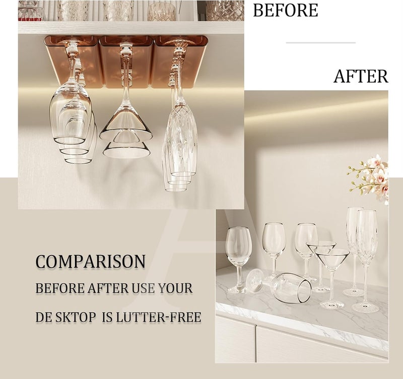 AQJUNONG 4Pack Wine Glass Rack, Punch-free Under Cabinet Stemware Rack for Kitchen and Bar (Amber) - Image 3